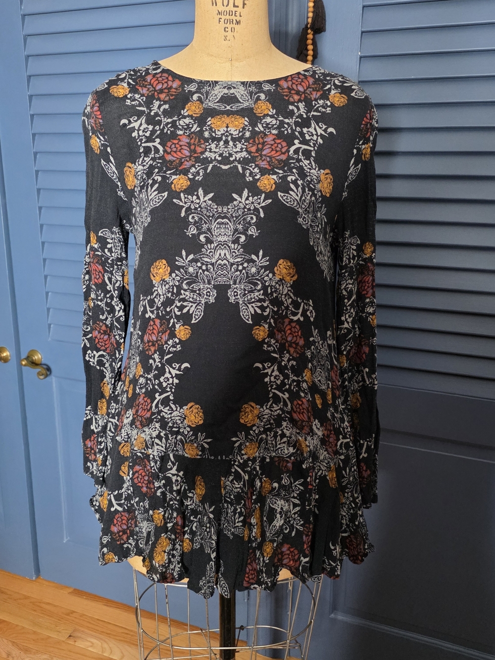 Free People Smooth Talker Tunic Mini Dress Raven Black Floral Size S Open Back